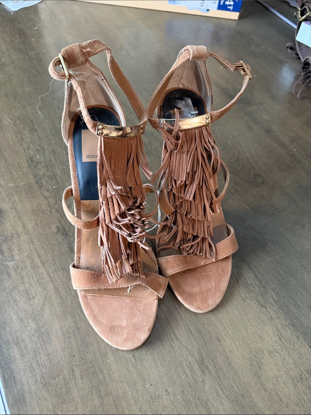 Dolce Vita Tan Suede Fringe Ankle Strap Heels